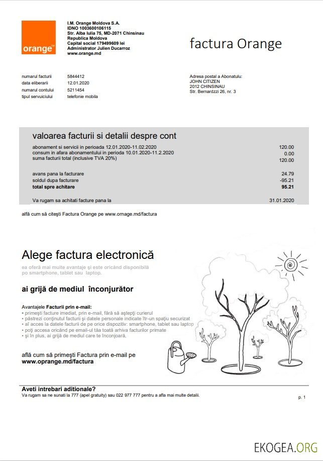 Moldova Orange Factura utility bill template in Word and PDF format